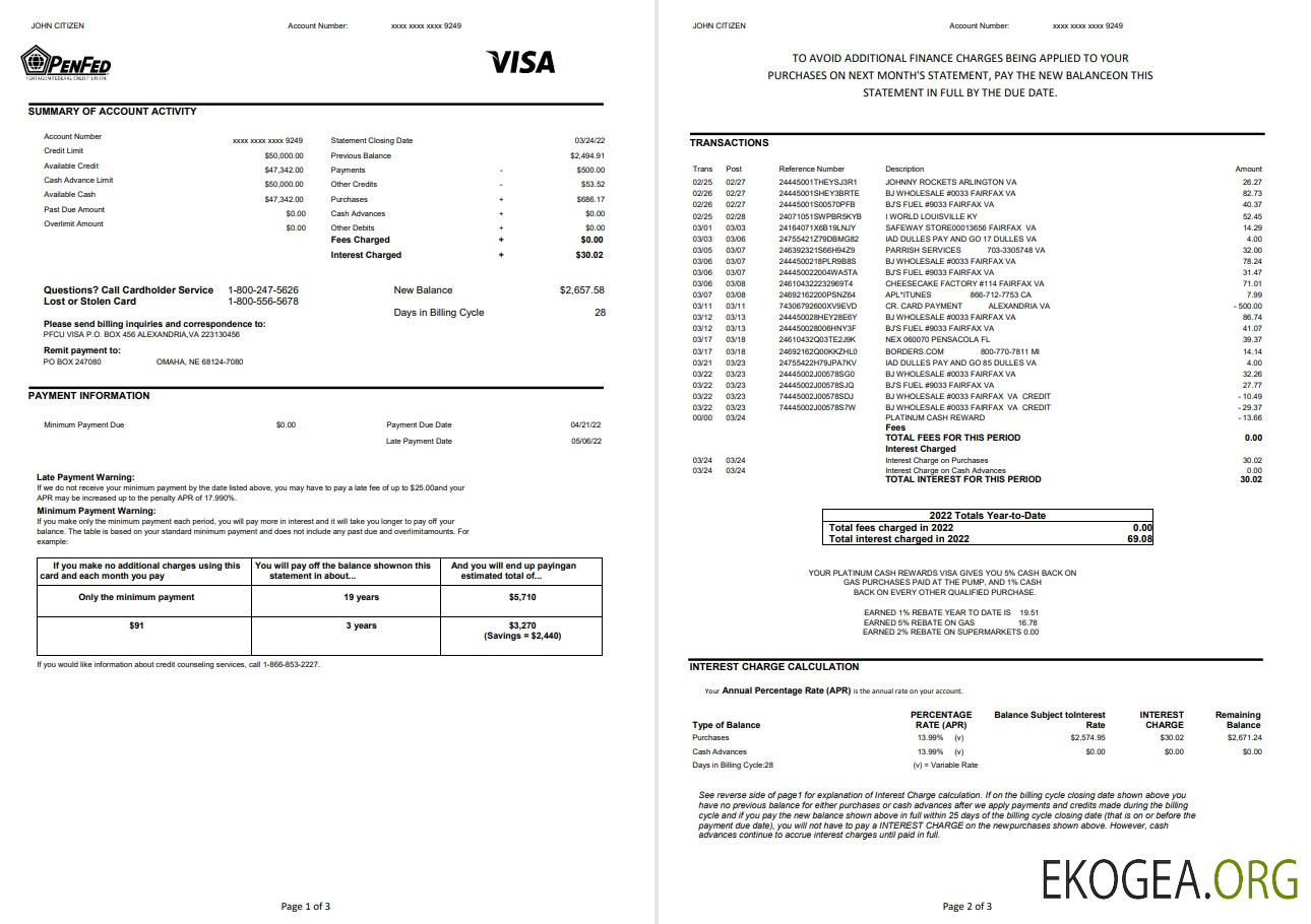 Relevé bancaire USA Pentagon Federal Credit Union (PenFed) 3 pages